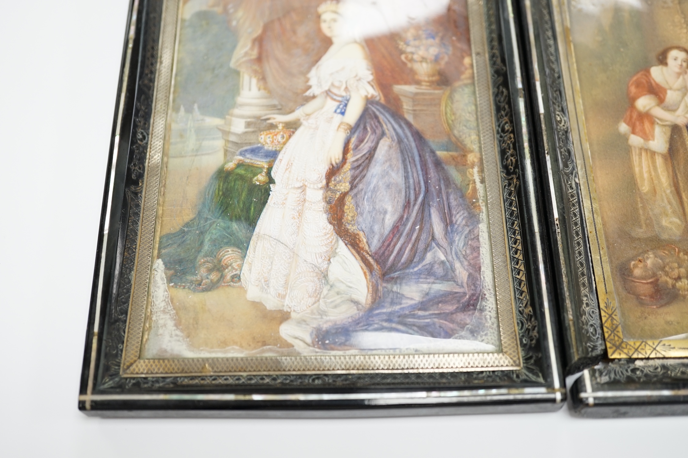 A pair of mid 19th century watercolour miniatures on ivory, Queen Victoria and three figures wearing 17th century dress, housed in inlaid and ebonised frames, 13 x 9cm CITES Submission reference 644V5FRS